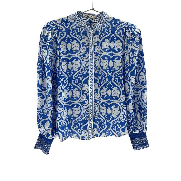 Alice + Olive April Blue Cotton Pleated Blouson-Sleeve Top Size XS - Picture 2 of 4